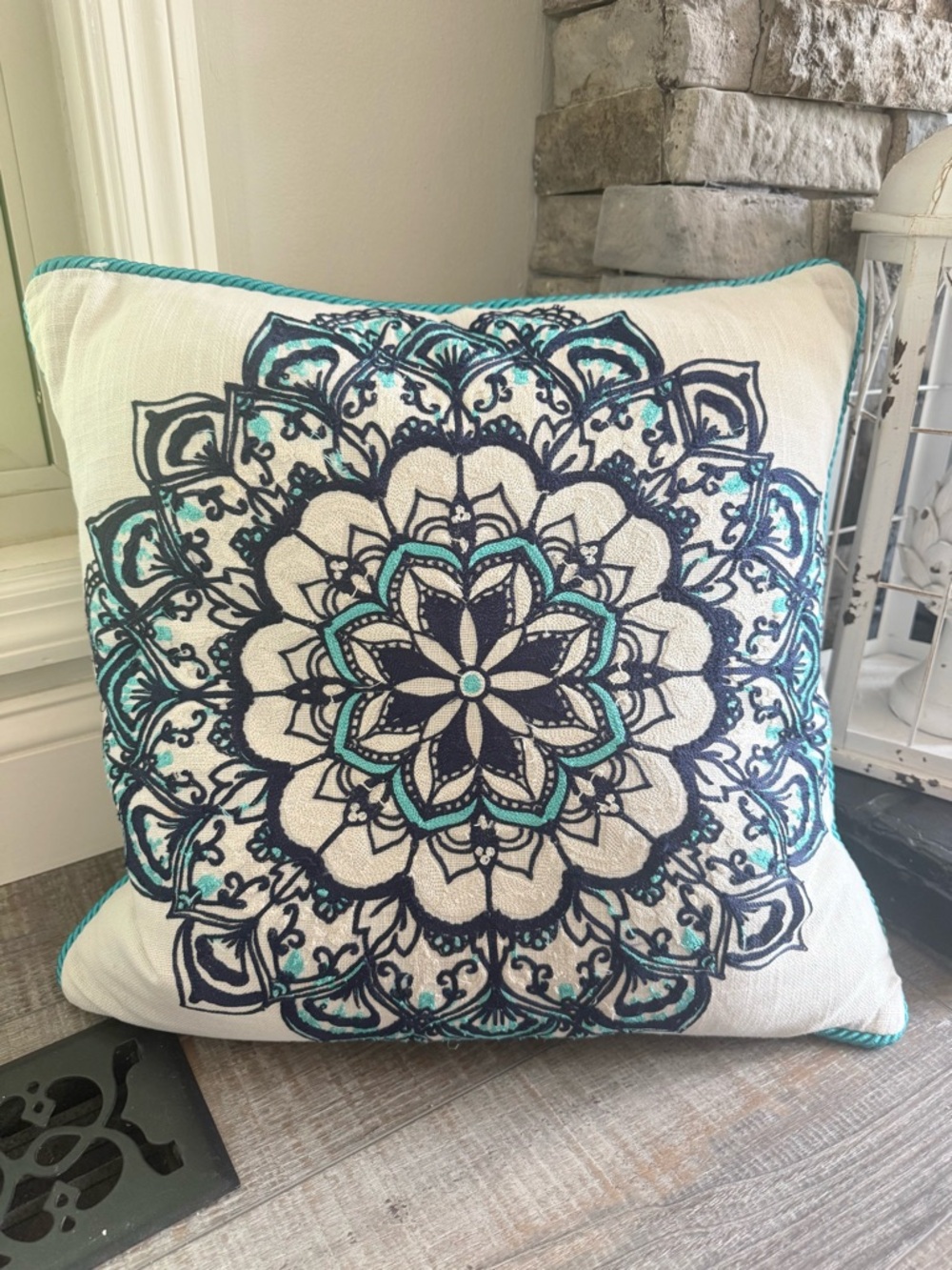 Decorative Mandala Down throw pillow in cream/navy/teal